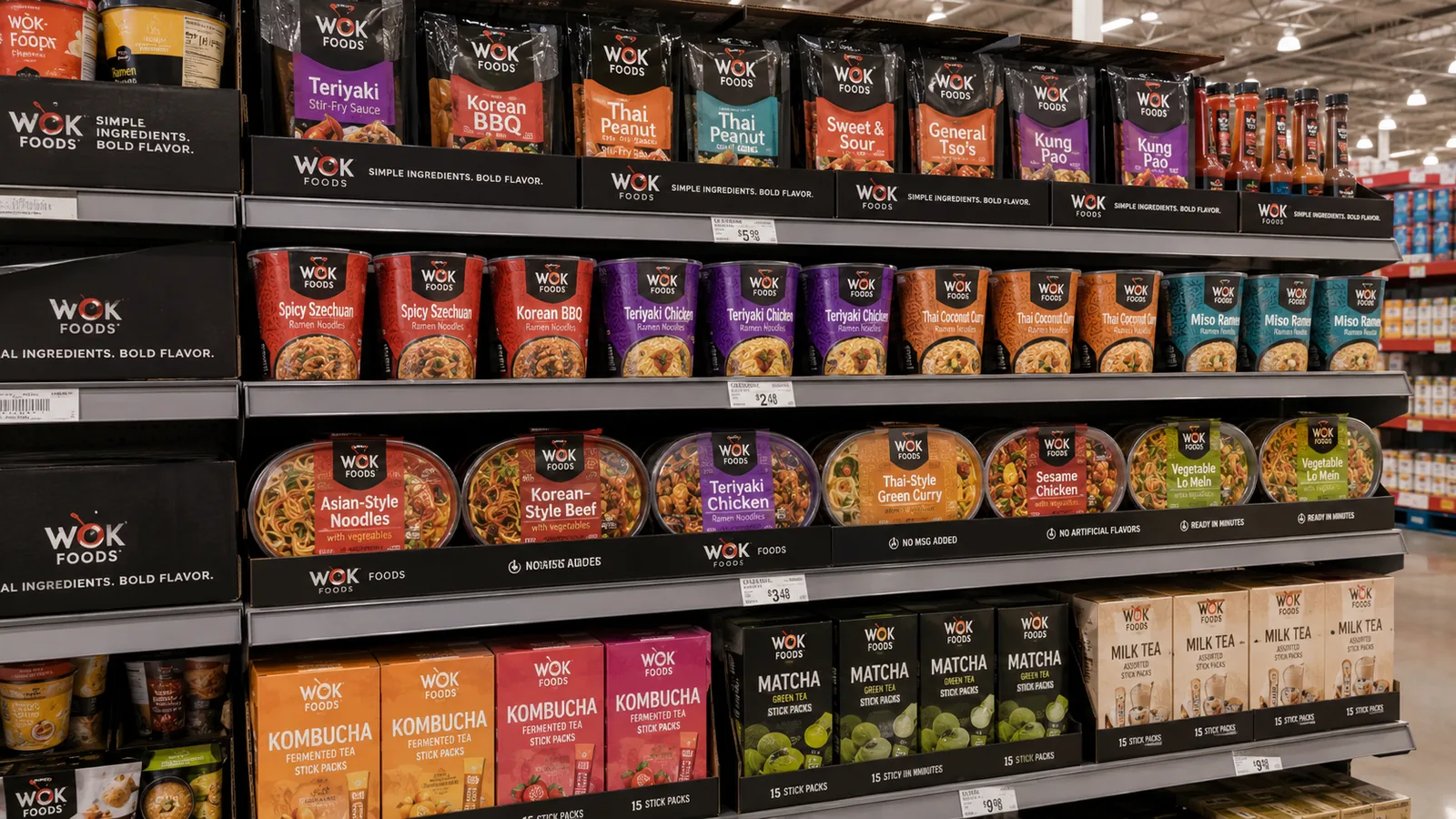 Wok Foods products displayed on supermarket shelves