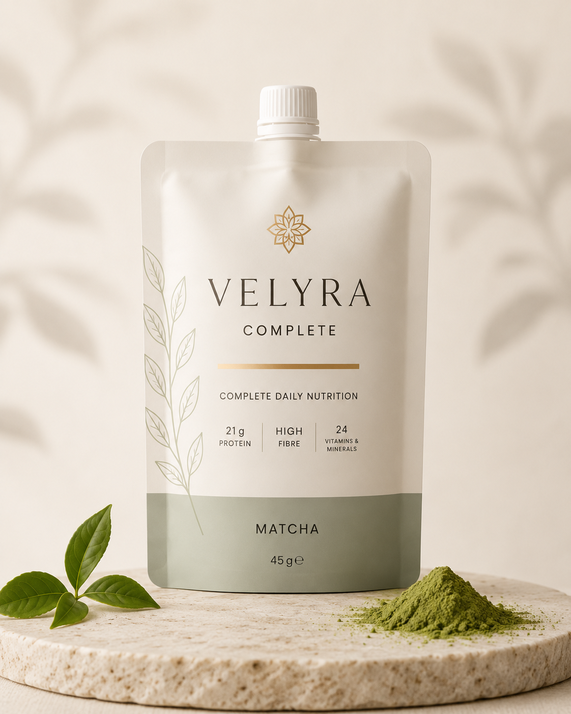 VELYRA COMPLETE Matcha pouch with matcha powder and leaves