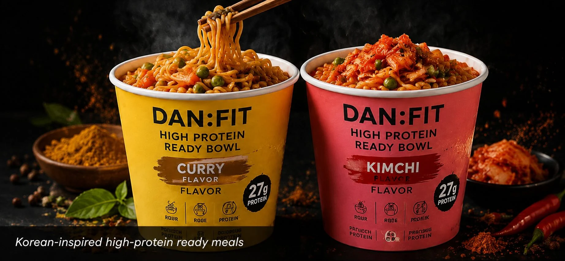 DAN:FIT high-protein ready bowls in Curry and Kimchi flavours