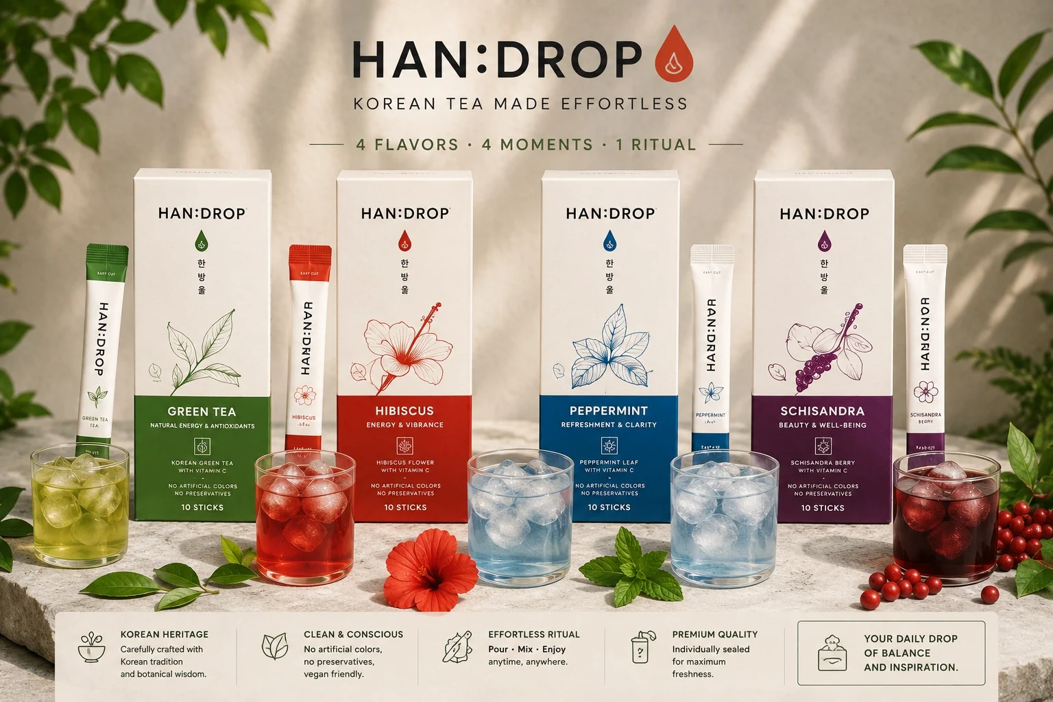 HAN:DROP four-flavour Korean cold-brew tea concentrate range