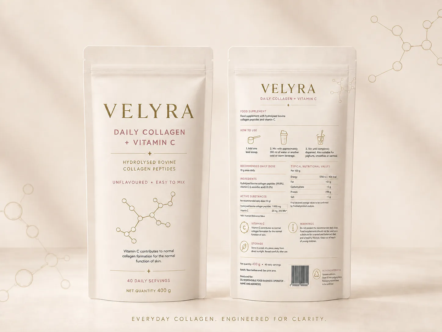 VELYRA Daily Collagen plus Vitamin C 400 g pouch front and back