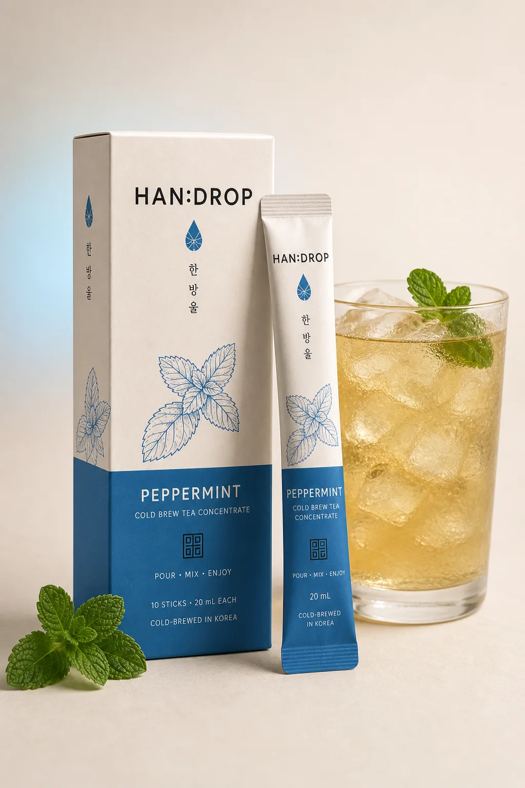 HAN:DROP Peppermint carton, stick and prepared drink