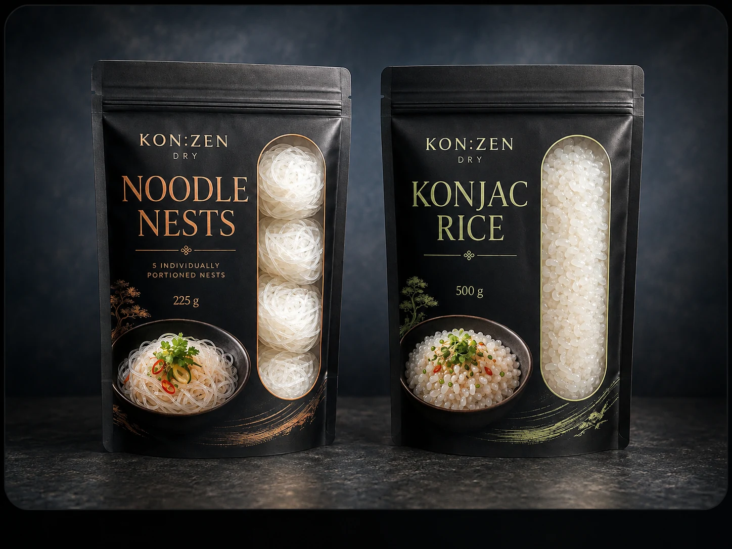 KON:ZEN DRY Noodle Nests and Konjac Rice packaging