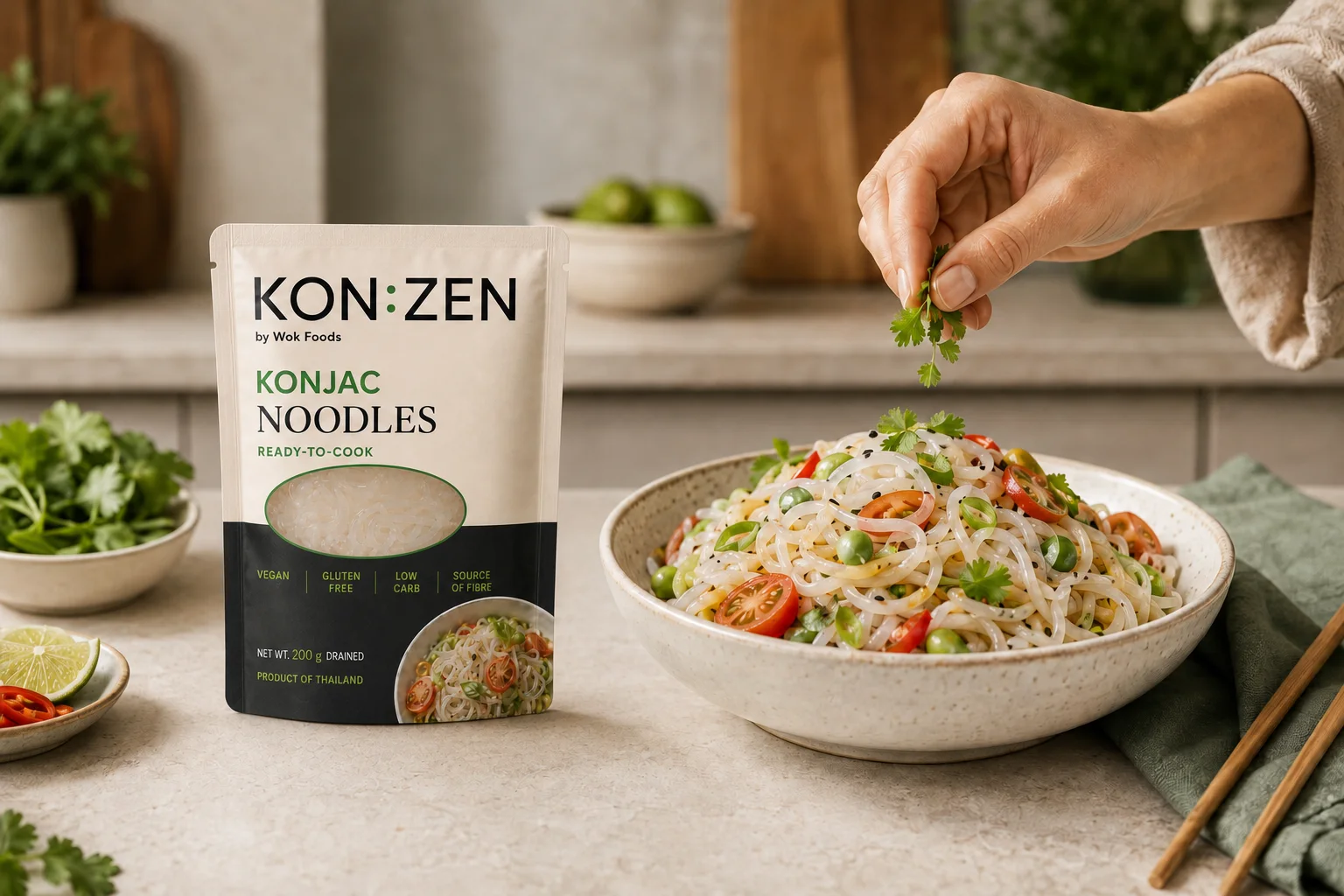 KON:ZEN noodles prepared in a premium home kitchen