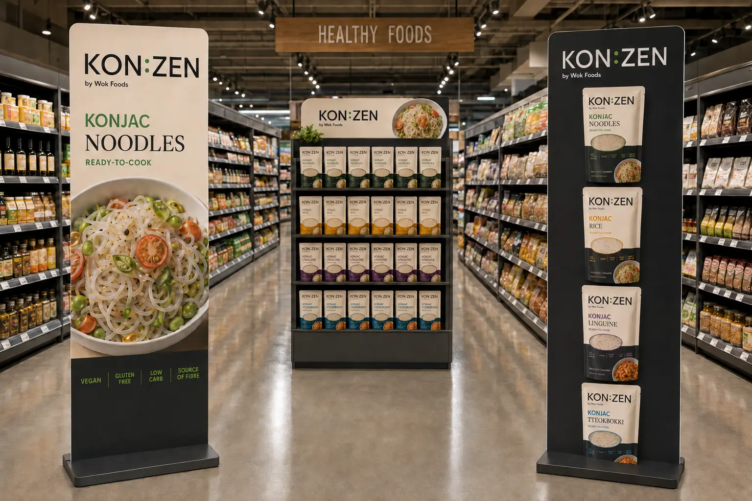 KON:ZEN promotional displays and totems in a supermarket aisle