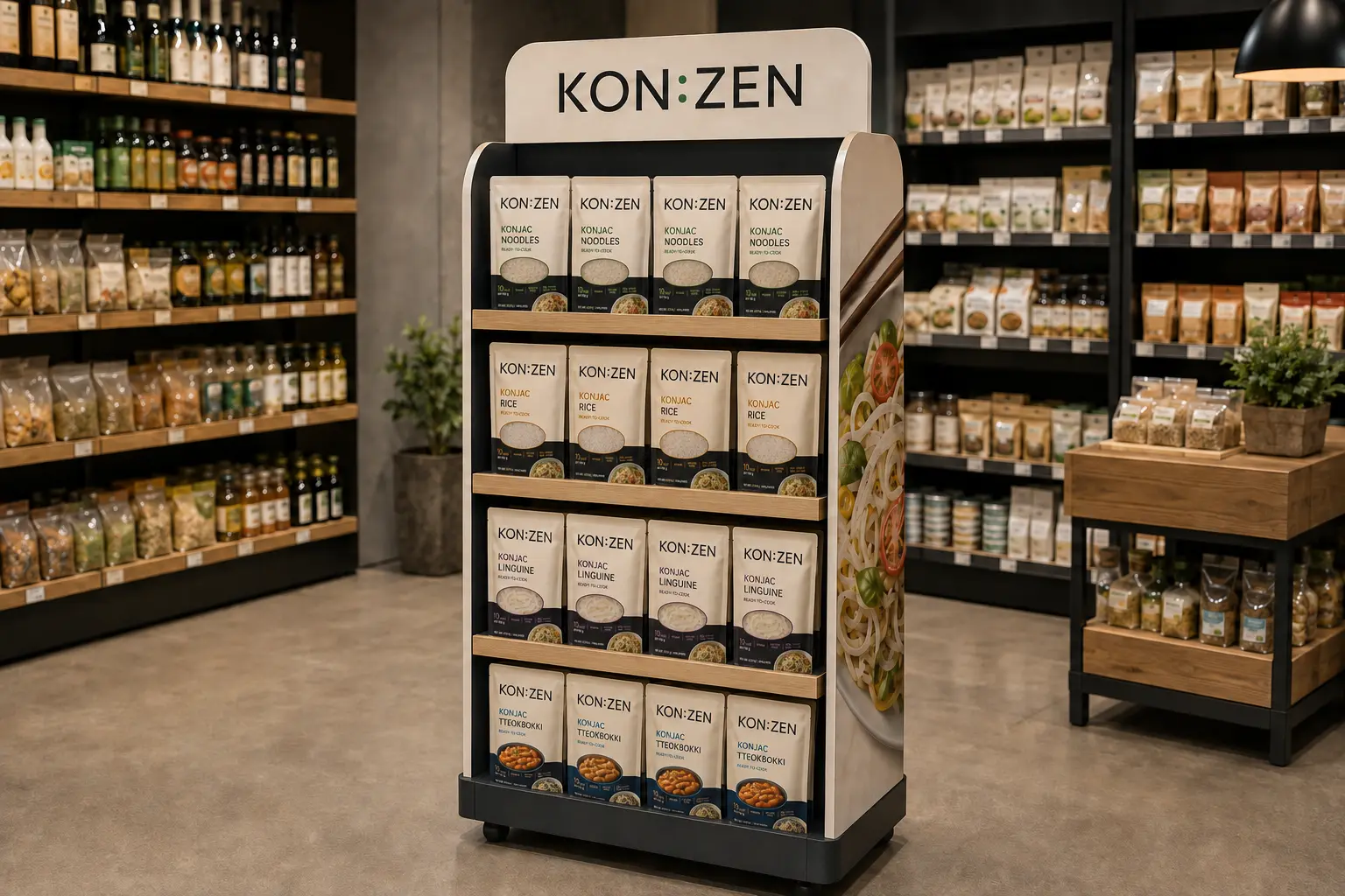 KON:ZEN freestanding promotional gondola in a supermarket
