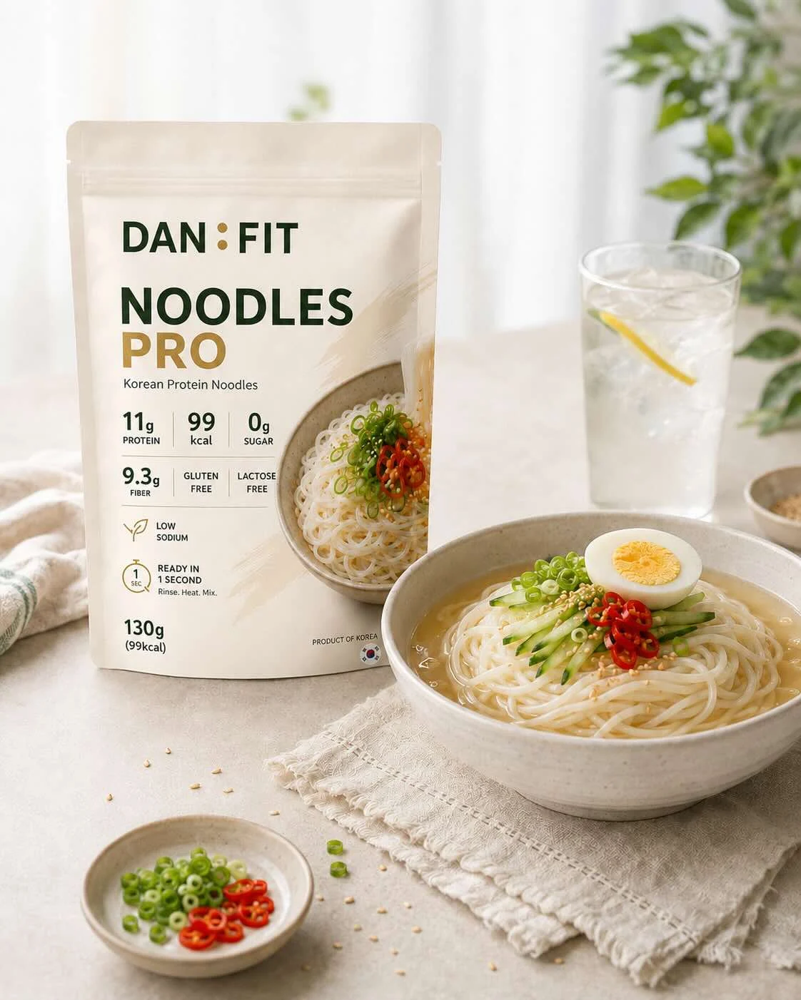 DAN:FIT NOODLES PRO stand-up pouches with prepared Korean protein noodles