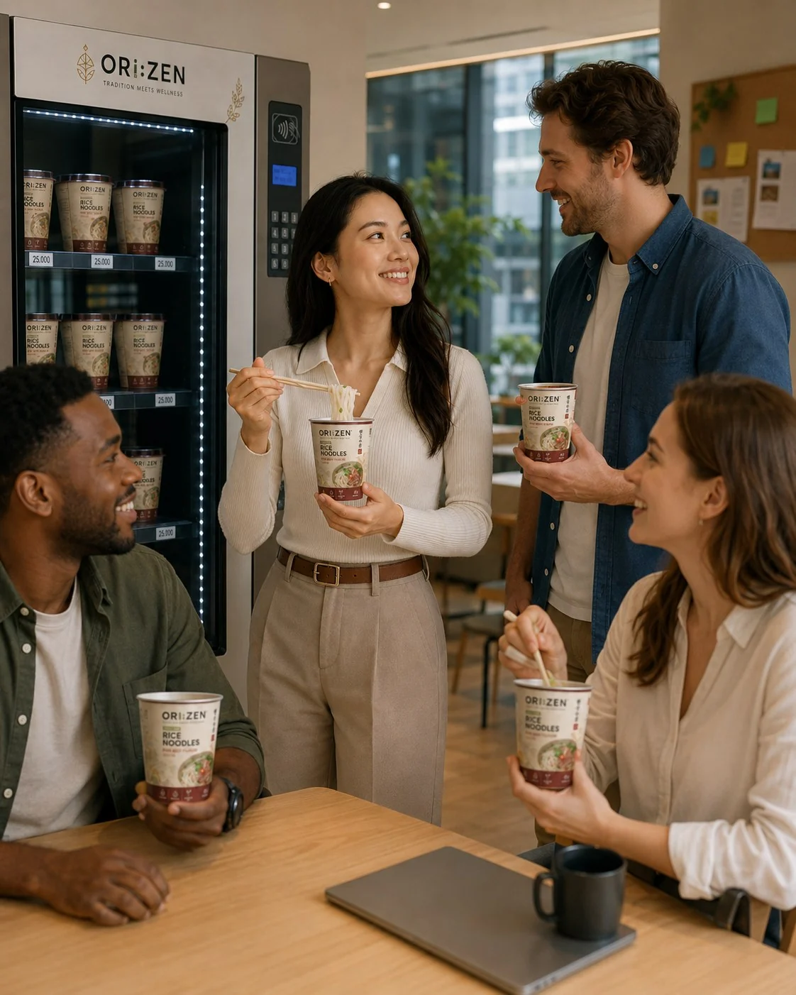 Consumers enjoying ORI:ZEN cup noodles in an office