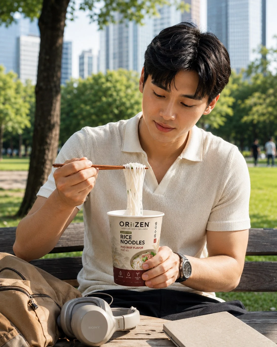Consumer enjoying ORI:ZEN rice noodles outdoors
