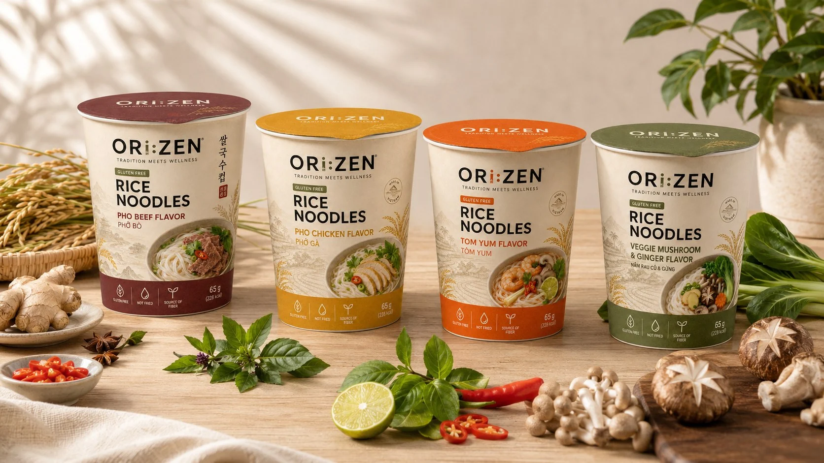 ORI:ZEN four flavour cup range on a table with Asian ingredients
