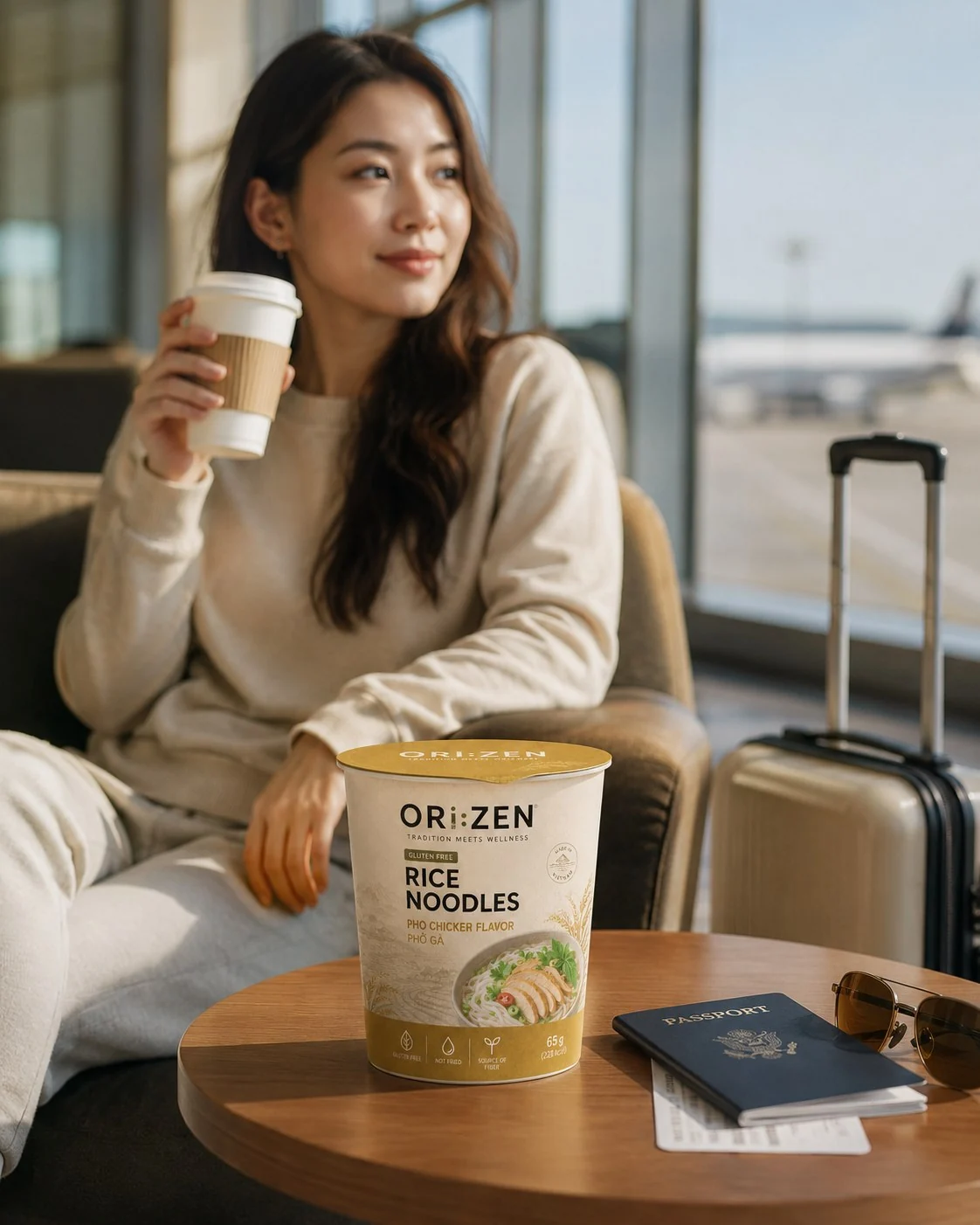 ORI:ZEN cup noodles in an airport travel setting
