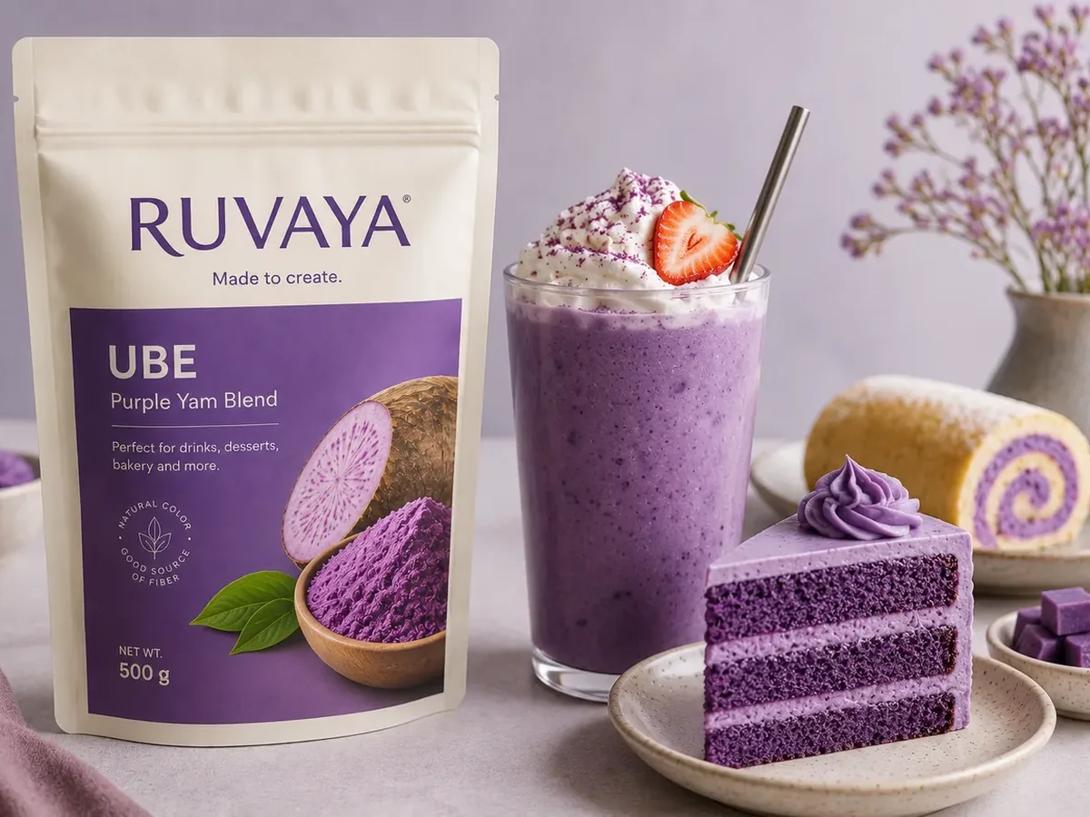 RUVAYA UBE pouch with purple beverage, cake and roll dessert