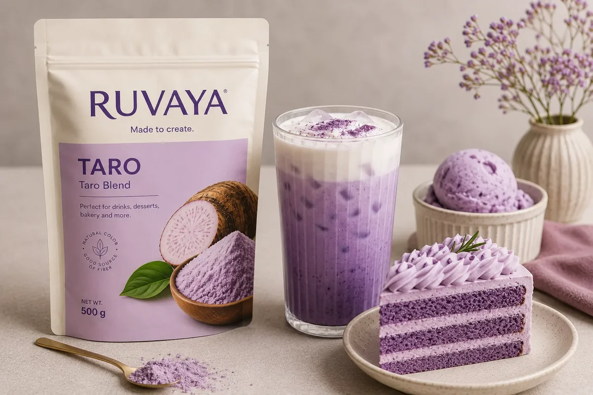 RUVAYA TARO pouch with drink, cake and ice cream applications