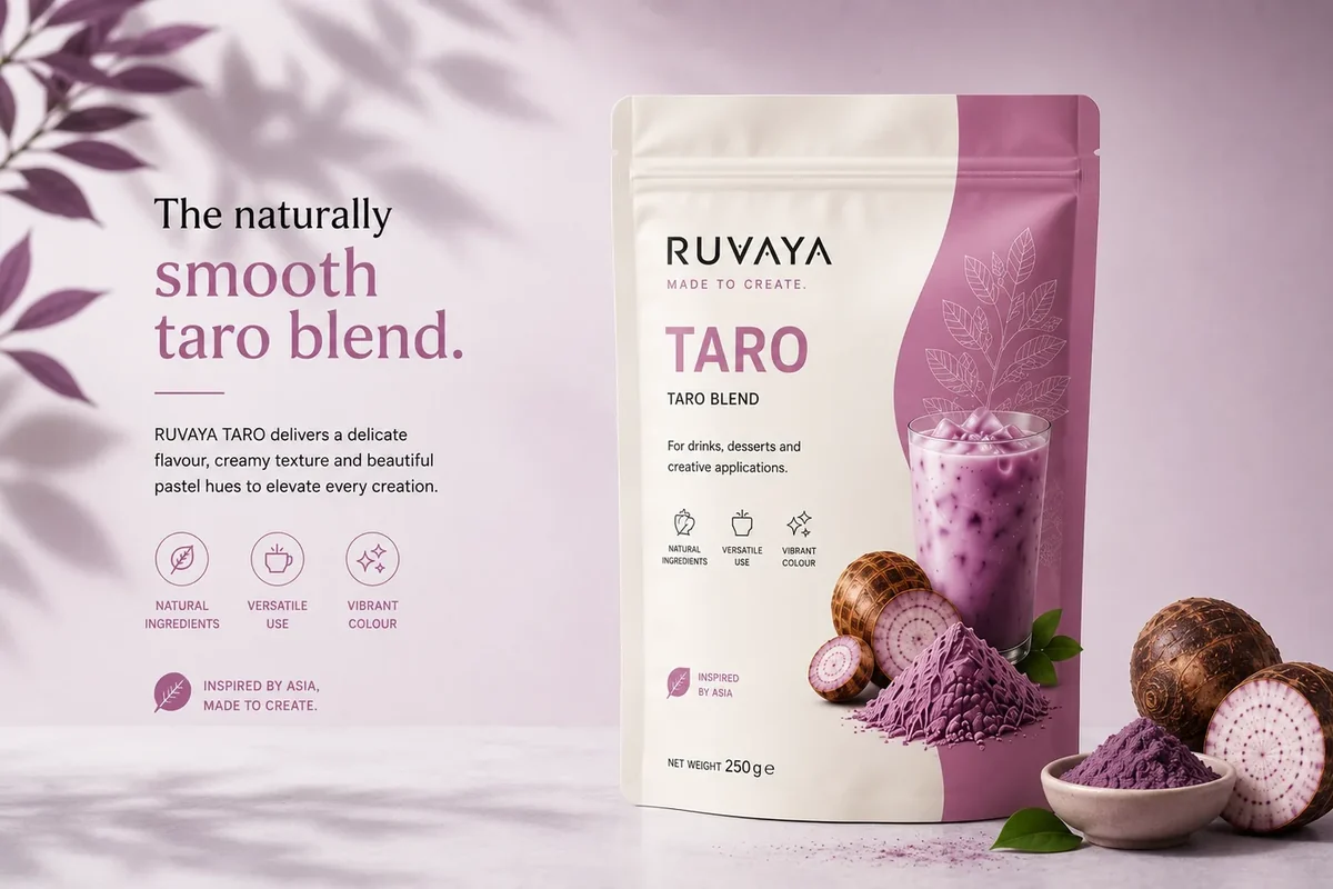 RUVAYA TARO Blend pouch with taro roots and prepared drink