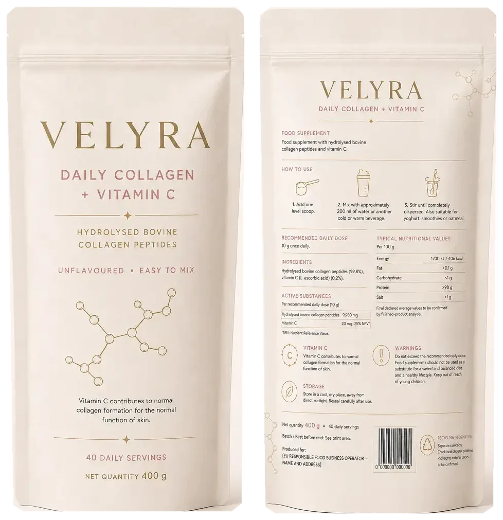 Front and back VELYRA Daily Collagen plus Vitamin C pouches
