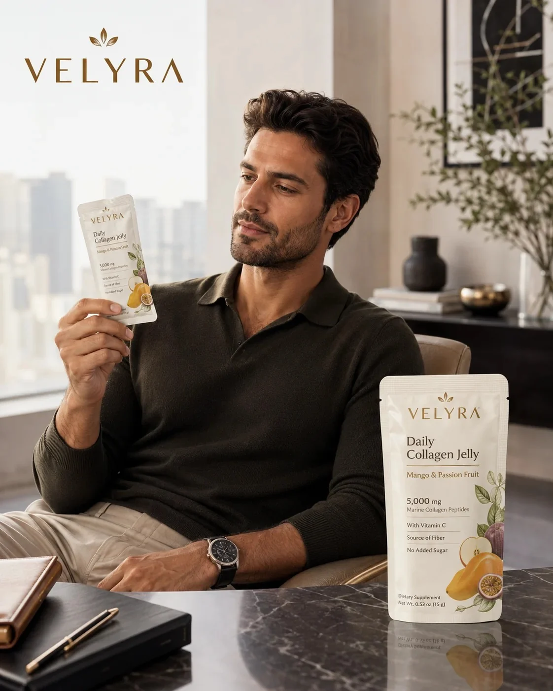 Man holding VELYRA Daily Collagen Jelly in a modern wellness environment