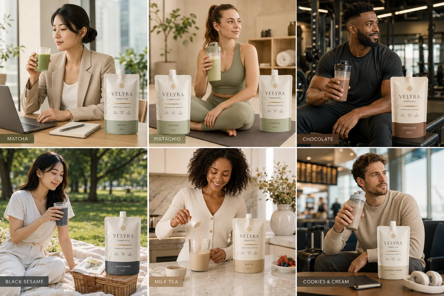 VELYRA COMPLETE used in six daily lifestyle situations with six flavors and diverse people