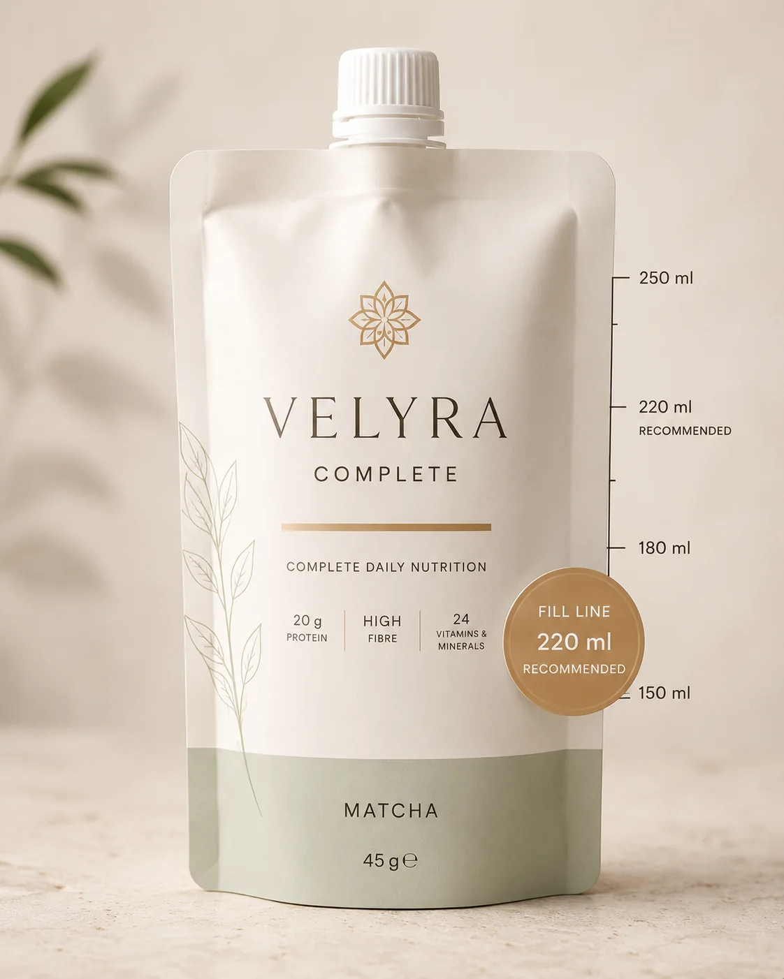VELYRA COMPLETE pouch with fill line measurement graphic