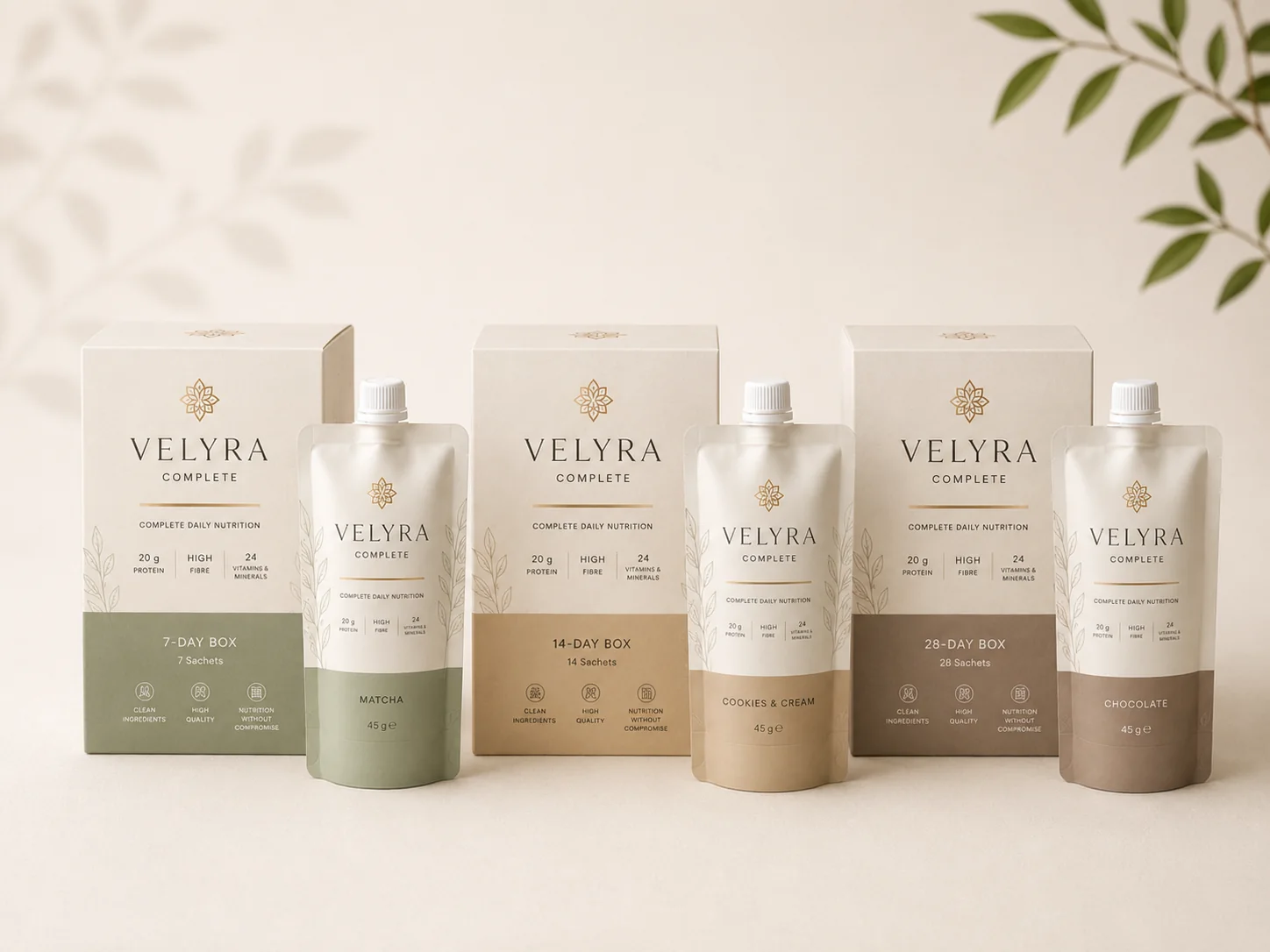 VELYRA COMPLETE box formats with pouches: 7-day, 14-day and 28-day