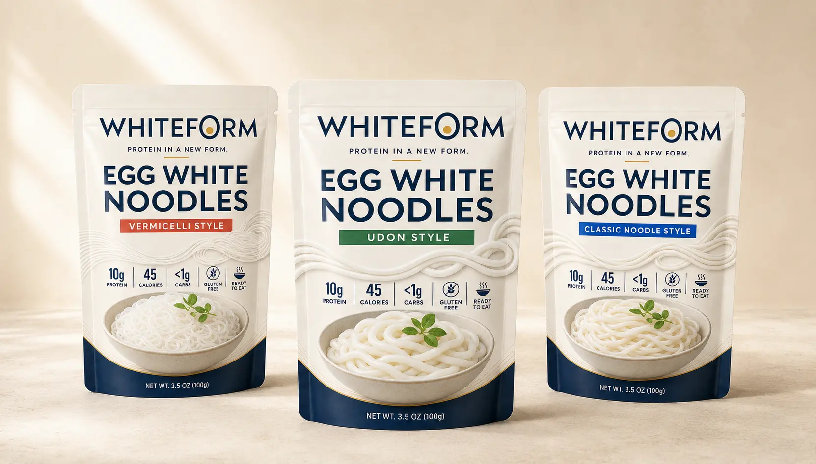 The WHITEFORM range with Vermicelli, Udon and Classic Noodle Style pouches