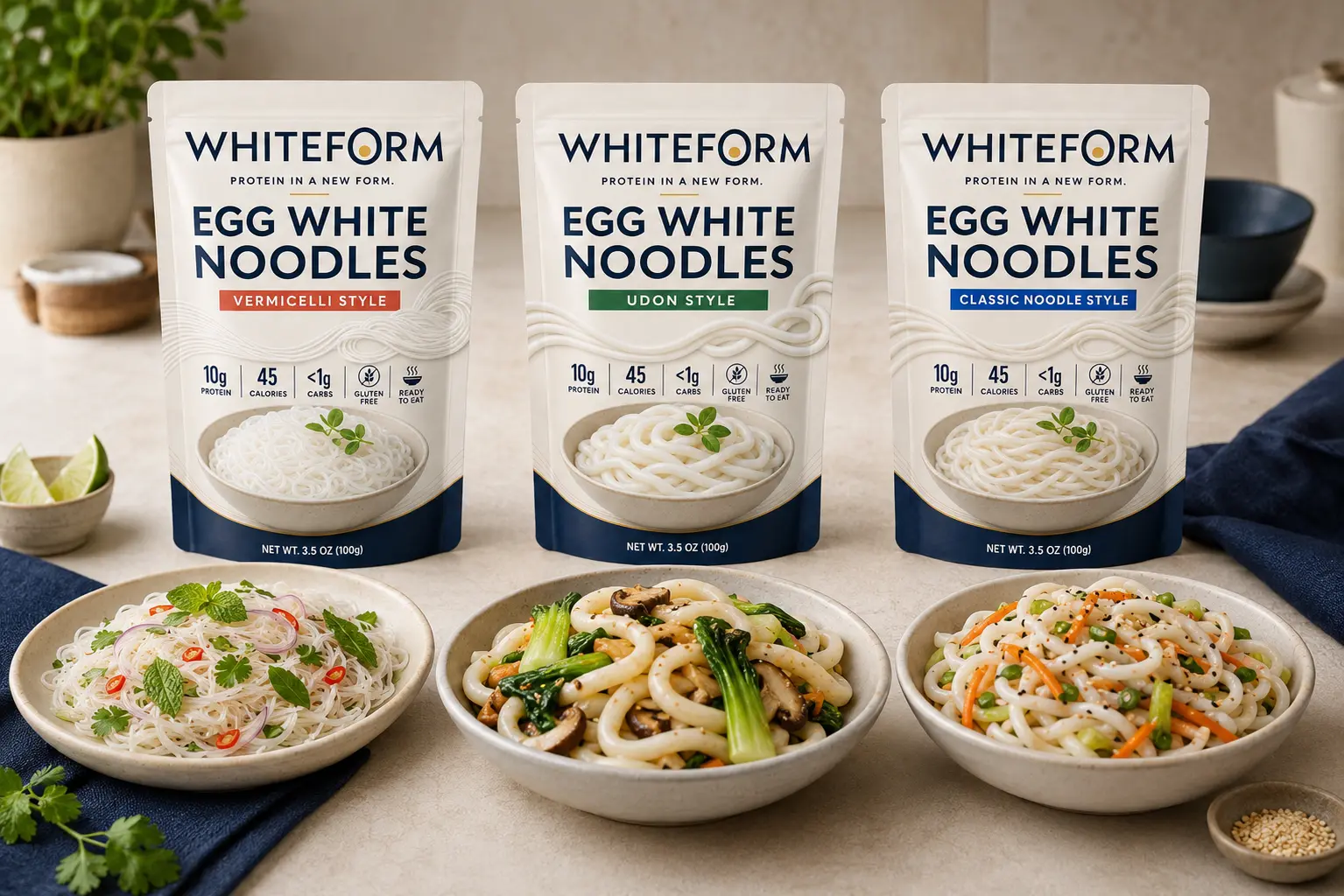 Three prepared WHITEFORM noodle meals with the complete product range