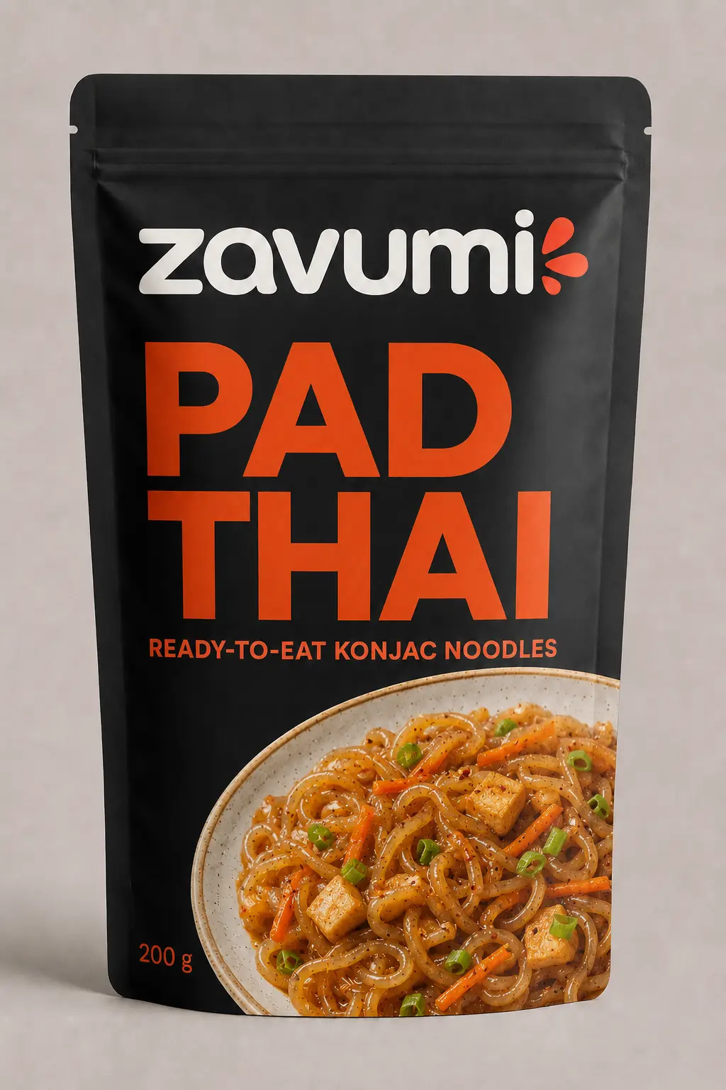 Complete ZAVUMI Pad Thai pouch showing the stand-up retort format